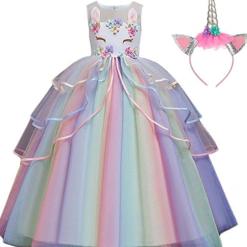 Baige Hot Sale Rainbow Unicorn Party Rochii pentru copii Rochie pentru fată cu bandă