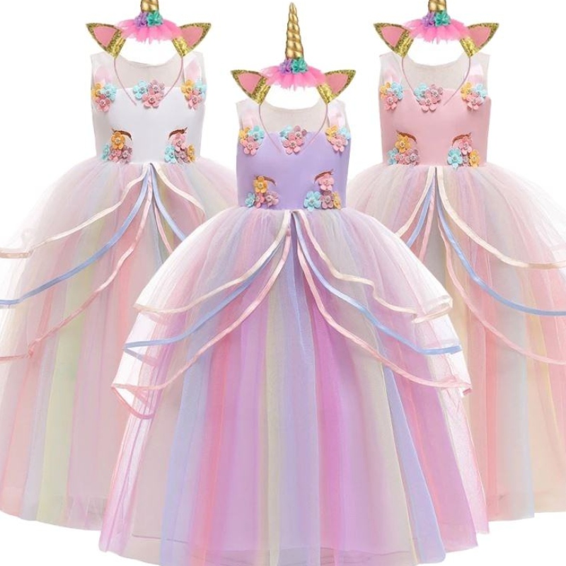 Baige Hot Sale Rainbow Unicorn Party Rochii pentru copii Rochie pentru fată cu bandă