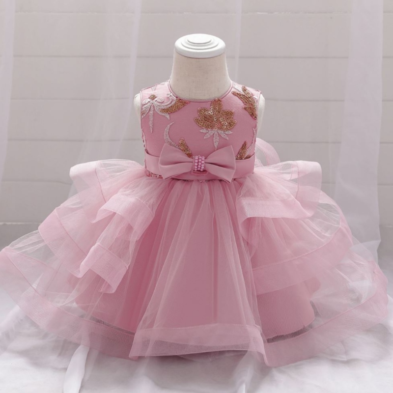 Baige Wholesale Brodery Pearl Bow Design Party Girls Girls Dress Birthday Party Kids Frock L1929XZ