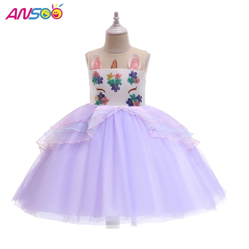 Ansoo unicorn Princess Flower Girl Rochie Copii cu ridicata Copii de mireasă Rochie pentru fete Lungime pentru genunchi