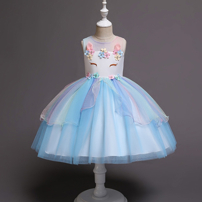 Unicorn Princess Costum Girls Pageant Seara Rochii lungi pentru copii, fără mâneci, broderie floare de zi denaștere Tutu rochii