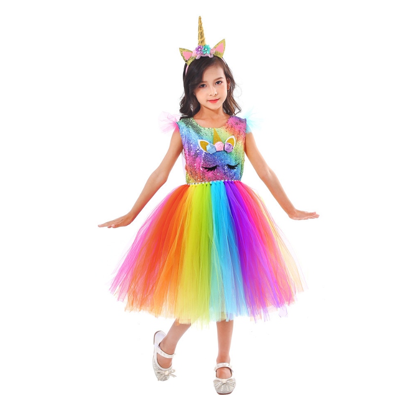 Rochie prințesă Colorată cu plasă de plasă curcubeu cu bandă de cap pentru fete