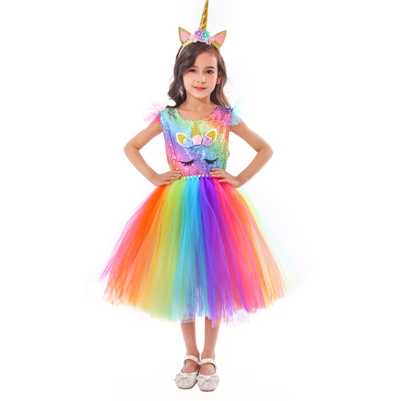 Rochie prințesă Colorată cu plasă de plasă curcubeu cu bandă de cap pentru fete