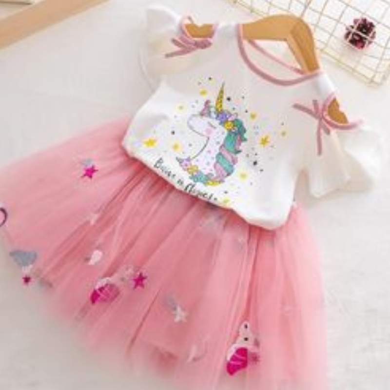 Fete bebeluși Rochii unicorn Tricou de vară + Tutu Rochie prințesă pentru copii Mânecă scurtă Haine Set pentru copii 2pcs Costum de petrecere