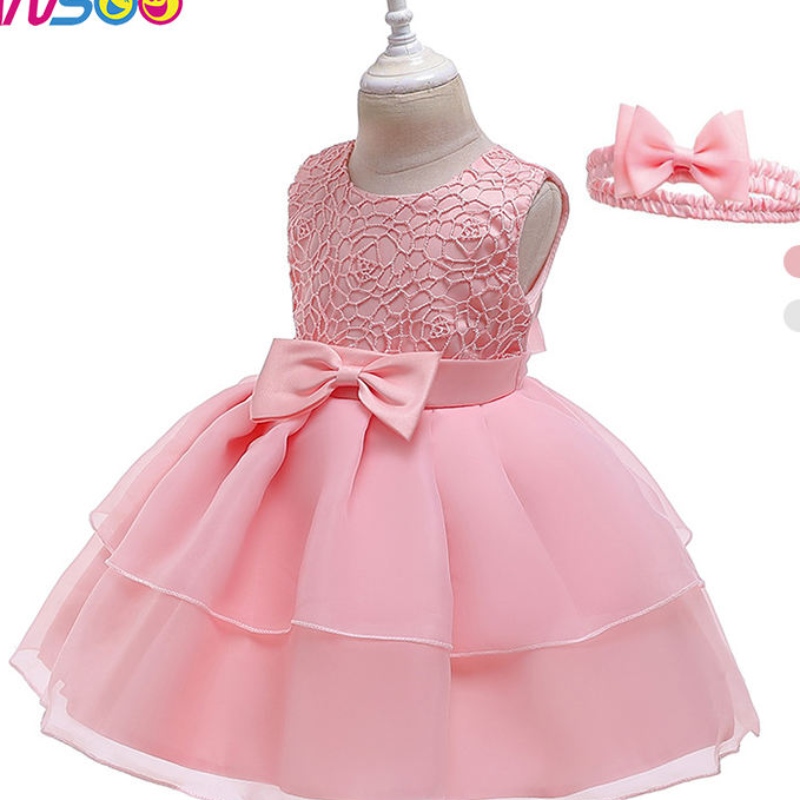 Rochie de rochie cu rochie de dantelă de rochie de rochie cu rochie cu brevă de dantelă cu bandă de păr pentru fete de 3-24 de luni
