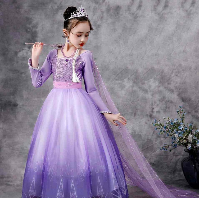 Baige Snow Queen Purple Elsa Rochie de Crăciun Halloween Anna Costum Fete cu mânecă lungă Rochii cu paiete brodate