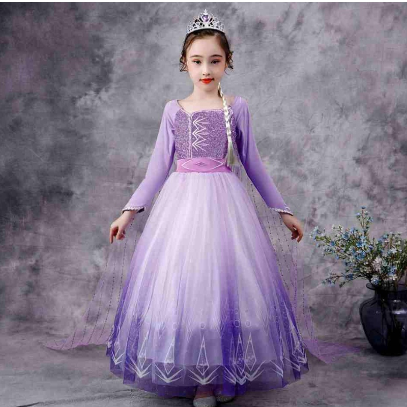 Baige Snow Queen Purple Elsa Rochie de Crăciun Halloween Anna Costum Fete cu mânecă lungă Rochii cu paiete brodate