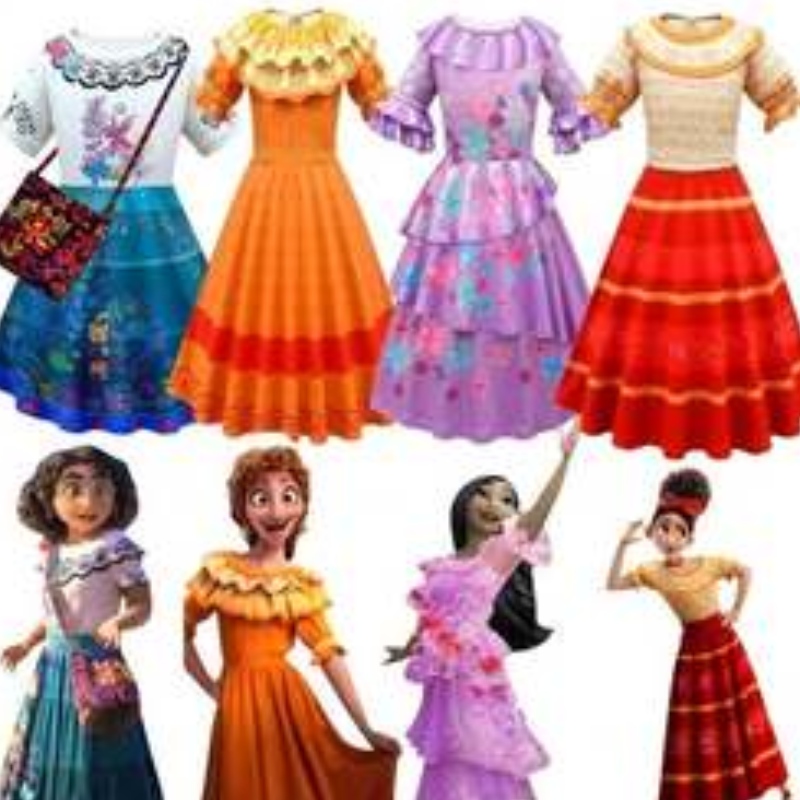 Baige Kids Girls Encanto Mirabel Cosplay Rochie cu geantă Costum Costum de Carnaval Halloween