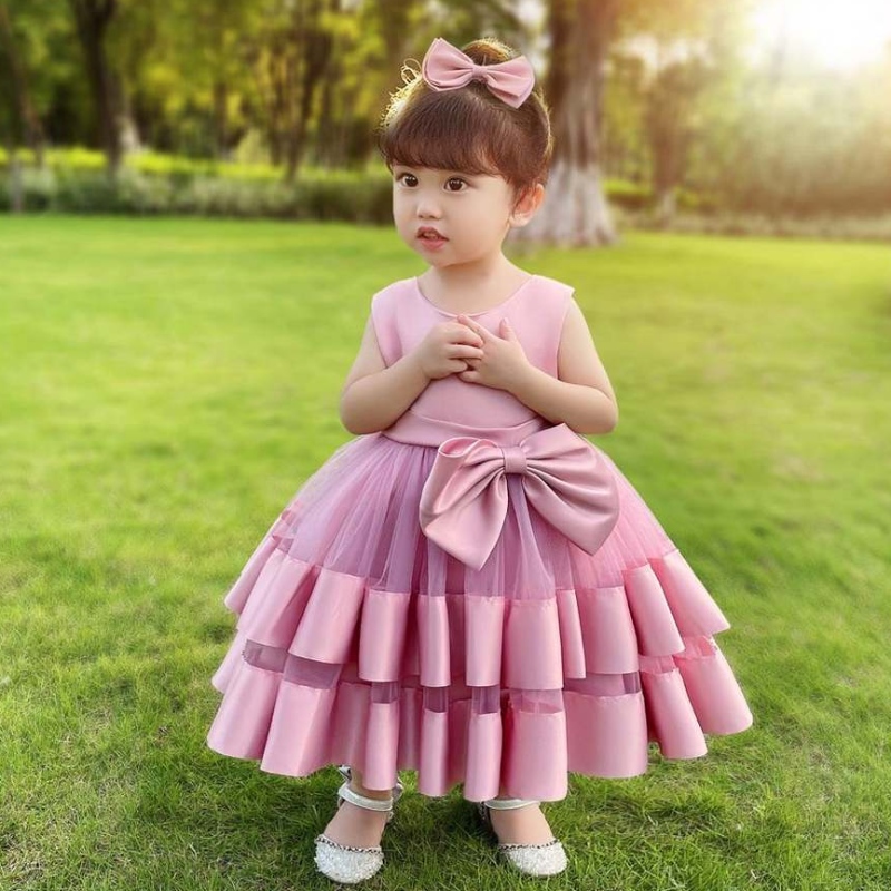 Baige New Children’s Bowknot Rochii pentru copii Stretch Net Prințesa minunată fată de zi denaștere