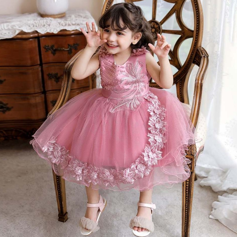 Baige White Toddler fete pentru fete flori rochie formală cu margele pentru copii rochie de petreceren2111