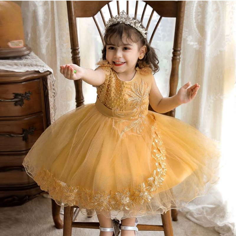 Baige White Toddler fete pentru fete flori rochie formală cu margele pentru copii rochie de petreceren2111