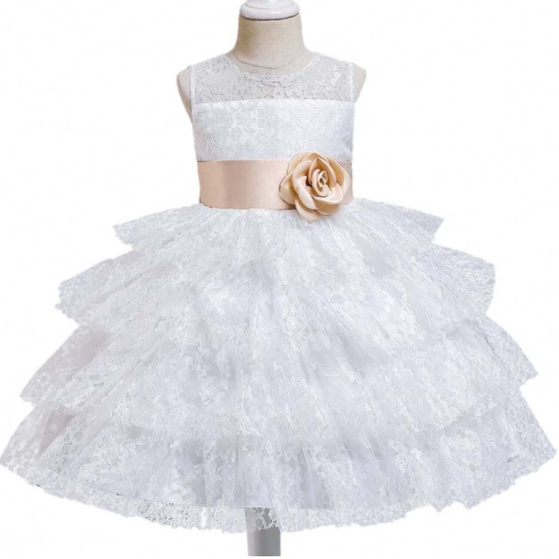 Baige Summer Fashion Dantelă Tulled Minunat Big Big Bow Birthday Party Ball Rochii cu bile de flori Rochii pentru fete