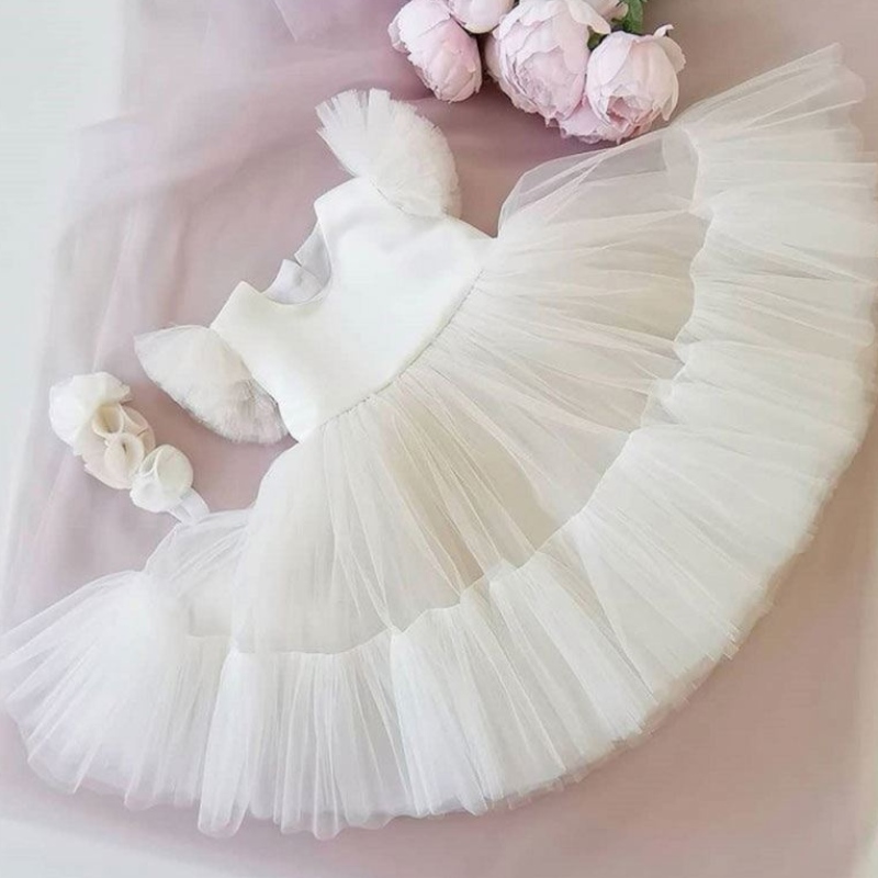 Baige Hot Sale Floare Albă Fată Tutu Rochie de petrecere stratificată Puffy Biles Ball