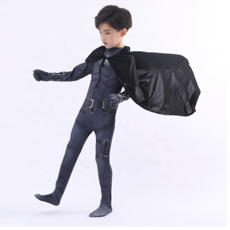 NOU STIL BLACK BODYSUT HALLOWEEN KIDES Supereroi Costume Cosplay Costum Film Pattinson The Bat Man with Cape&Mask