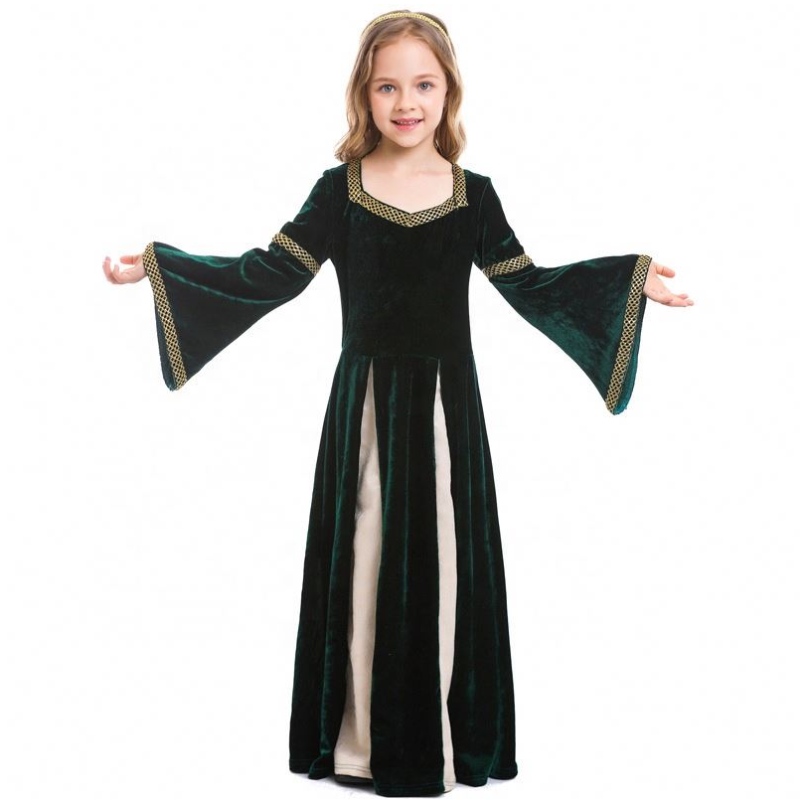 NOU RENAISSE Retro Girls Medieval Girls Musical Costume de vrăjitoare cu mâneci lungi de culoare verde închis