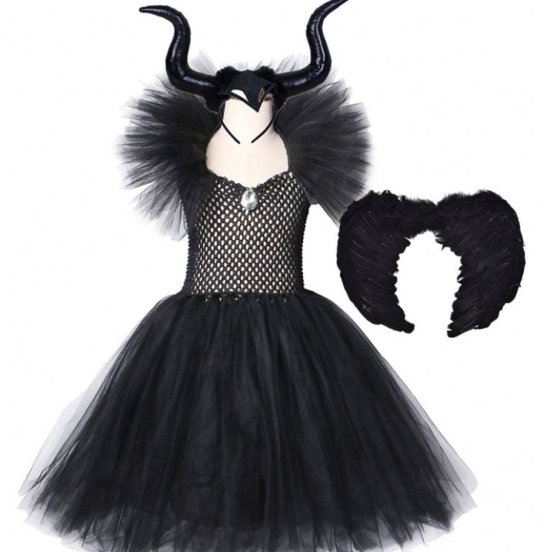 Copii Negru diavol Tutu Costum de Halloween Fete fantezie Tutu Rochie cu șaluri cu pene Royal Regină Regină Maleficent Rochie