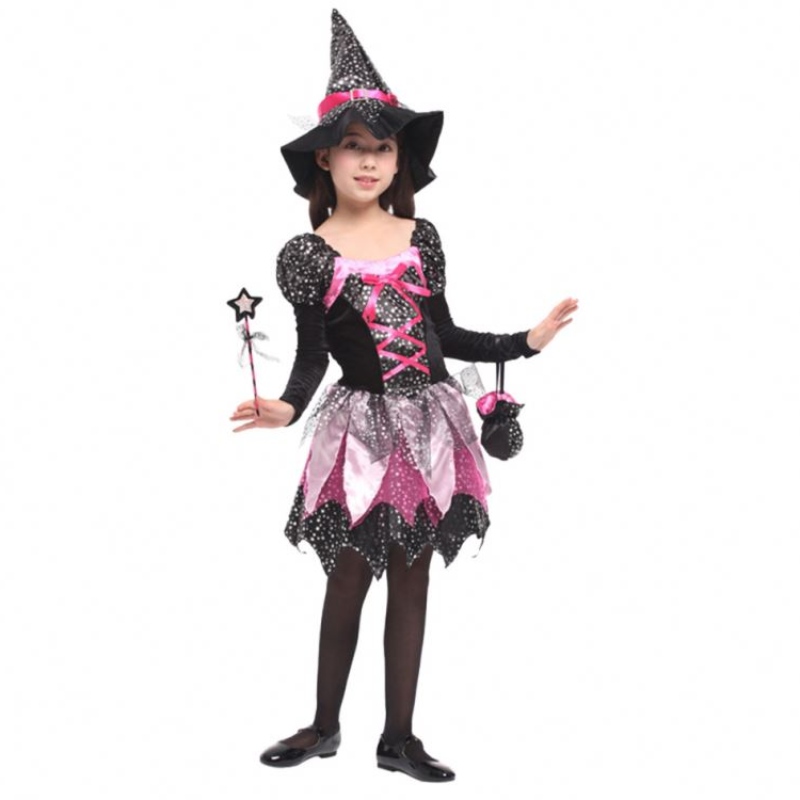 Fete pentru copii baghete îmbrăcați haine de halloween vrăjitoare costum scânteie rochie de cosplay imprimată cu pălărie ascuțită