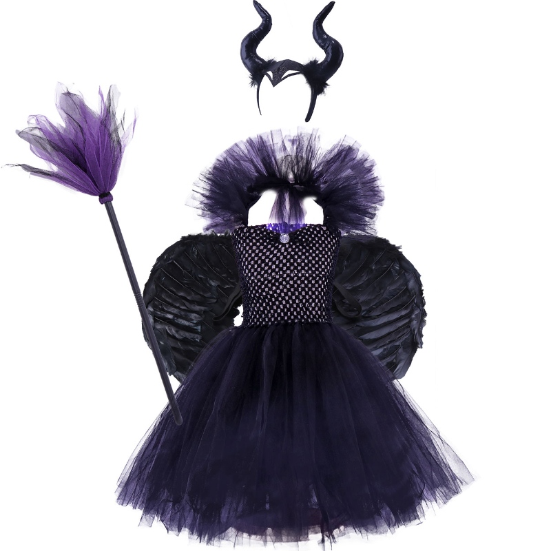 Rochie de vrăjitorieneagră cu cap de vrăjitor de vrăjitor de halloween pentru fete
