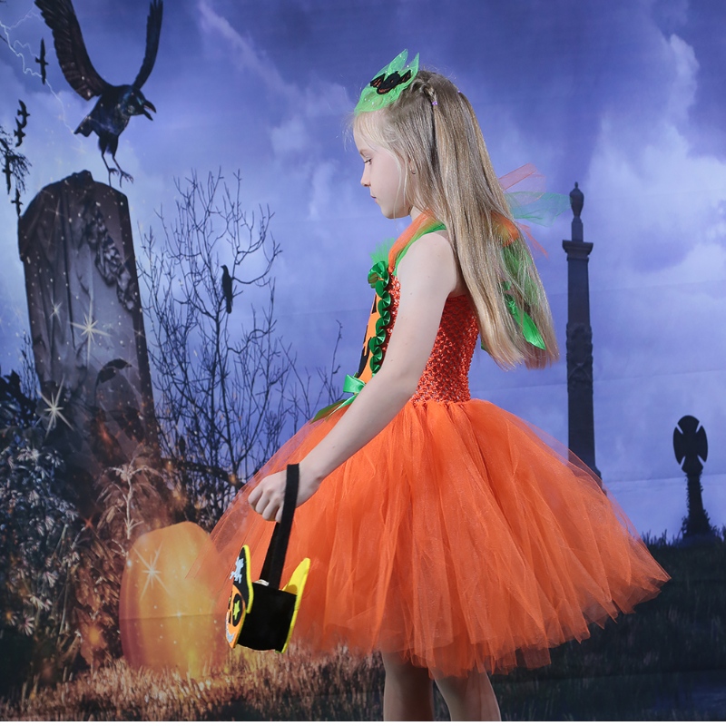 Amazon Hot Selling Kids Girl Girl Halloween Rochie Pumpkin Mesh Tulle Tutu Rochie