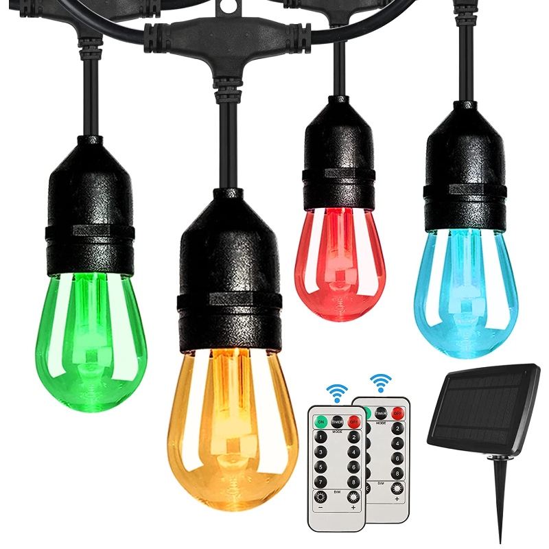 Lumini de coarde solare RGB de 48ft, lumini de șnur de terasă slabă cu 2 telecomandă, lumini cu șir solar impermeabil cu 15 becuri agățate lumini slabe pentru grădină bistro, petrecere