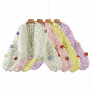 Culoare solidă cu mânecă cu manșon scurt de bumbac acrilic Cardigan cu flori tridimensionale pentru femei pentru vară