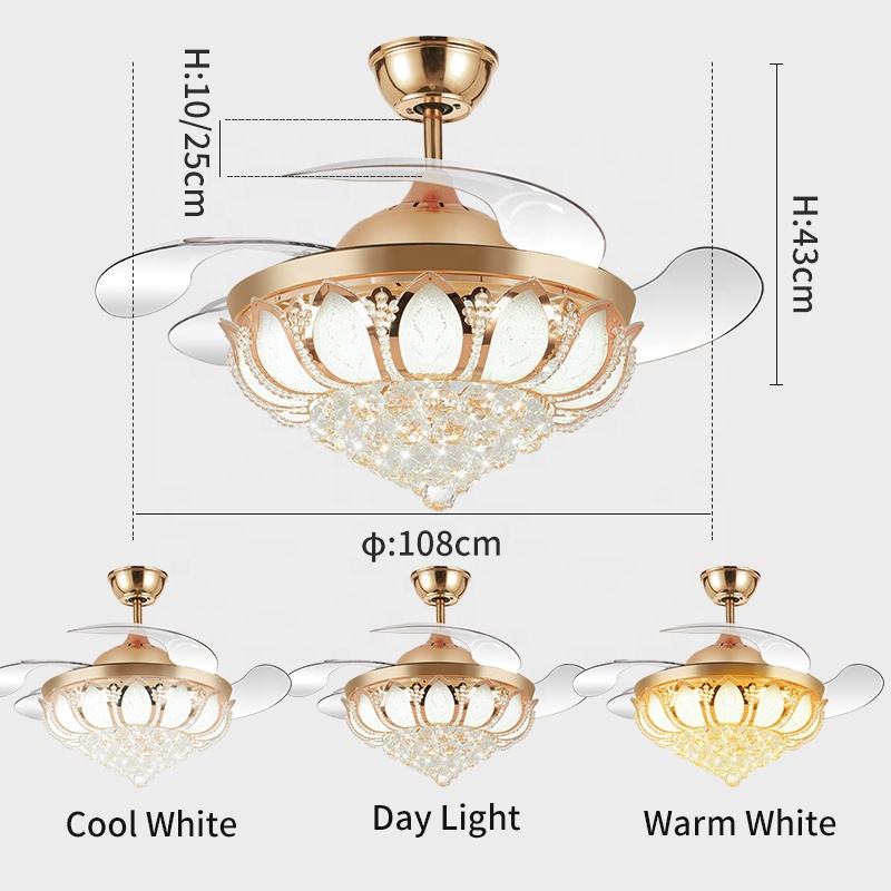 Ventilator de tavan Chandelier K003 cu lumină cu telecomandă de 42 inch 3 culoare cu candelabrul ventilatorului de cristal de difuzor