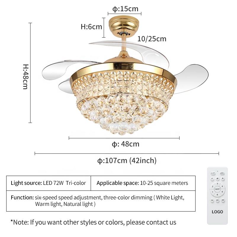 K006 Candelabru ventilator de tavan cu lumina cu telecomanda 42 inch 3 culori cu difuzor cristal fan candelabru