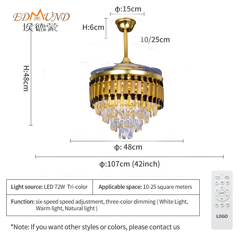Ventilator de plafon K011 cu lumină cu lumină cu o culoare de 42 inci 3 de culoare cu candelabrul ventilatorului de cristal de difuzor cu telecomandă