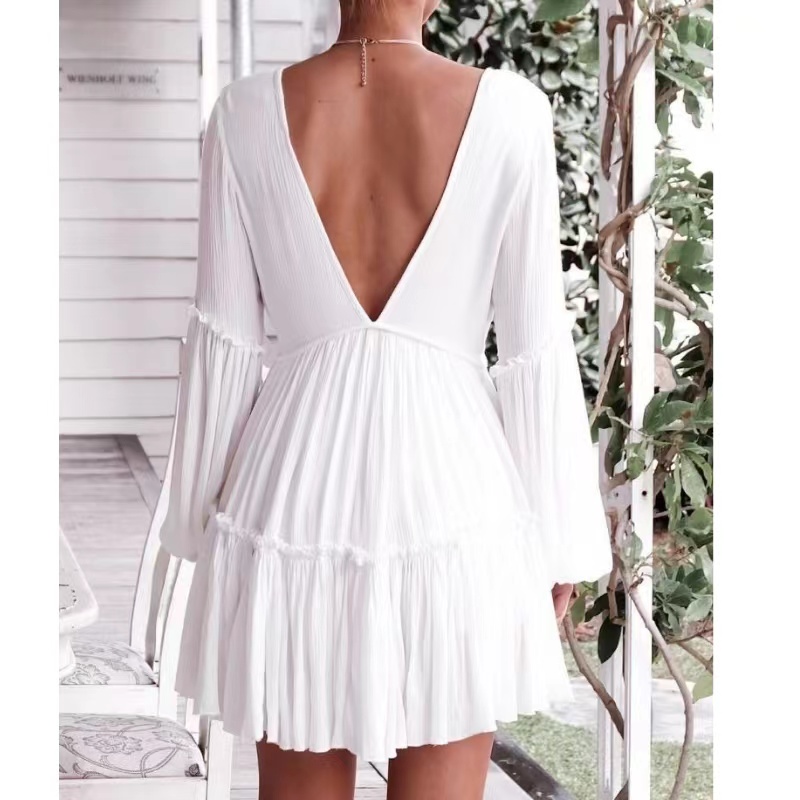 Vara Fashion White V-Neck Lantern Mângâie Îmbrăcați-vă pentru femei libere