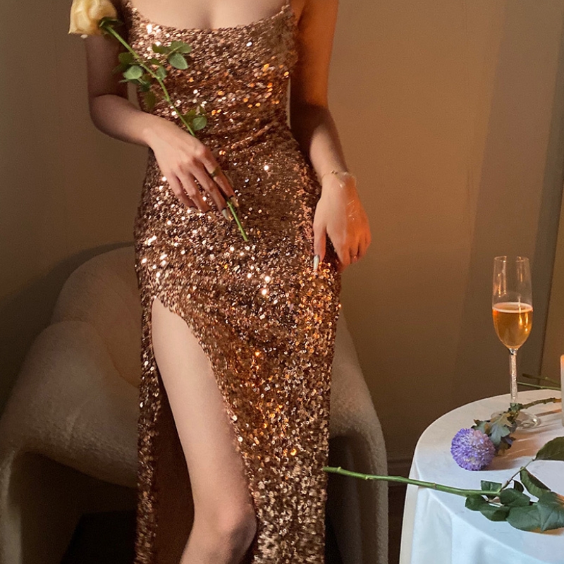Șampanie sexy sexy Light Luxury High-end Sequin Halter Rochie Bright Nișă Nișă Rochie mică cu fustă