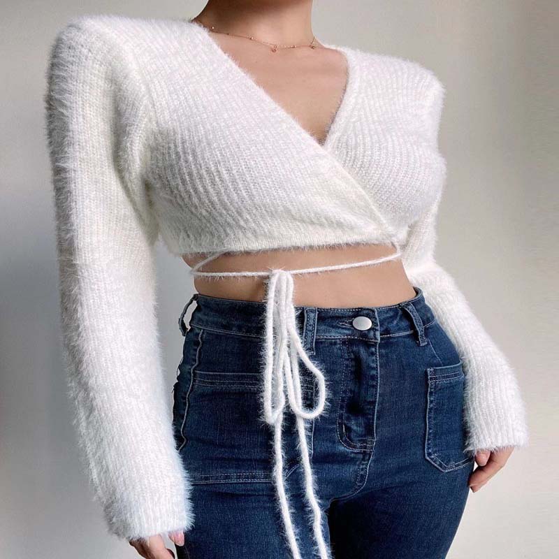 Sexy Deep V-Neck cu talie înaltă Talie tricotat scurt pulover de cardigan