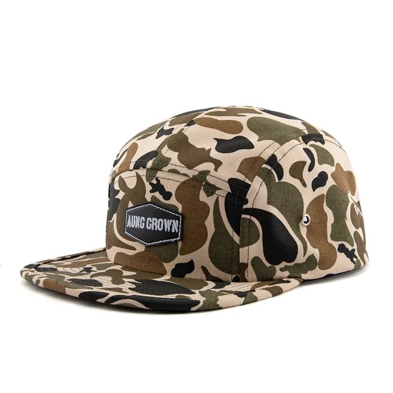 Capacele personalizate de înaltă calitate confortabile, cu capace snapback, pălărie de tabără cu 5 panouri cu patch -uri din piele