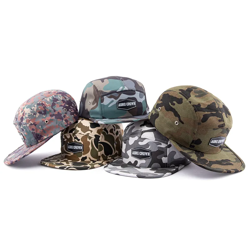 Capacele personalizate de înaltă calitate confortabile, cu capace snapback, pălărie de tabără cu 5 panouri cu patch -uri din piele