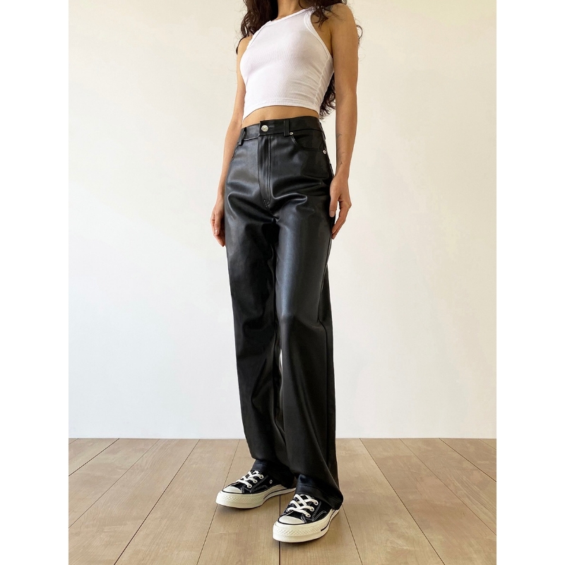 Pantaloni retro din piele retro cu talie înaltă cu talie înaltă șold, pantaloni de pantaloni din piele dreaptă, pantaloni largi
