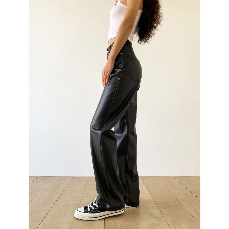 Pantaloni retro din piele retro cu talie înaltă cu talie înaltă șold, pantaloni de pantaloni din piele dreaptă, pantaloni largi