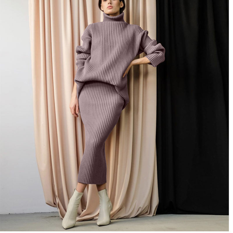 Iarnănouă modă personalizată pentru femei \\ Turtleneck Pullover tricotat fustă midi