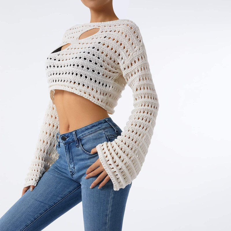 Femei scobind croșetat tricot blaturi de culori bloc de culoare cu mânecă lungă pătrat pentru gât topuri topuri de top