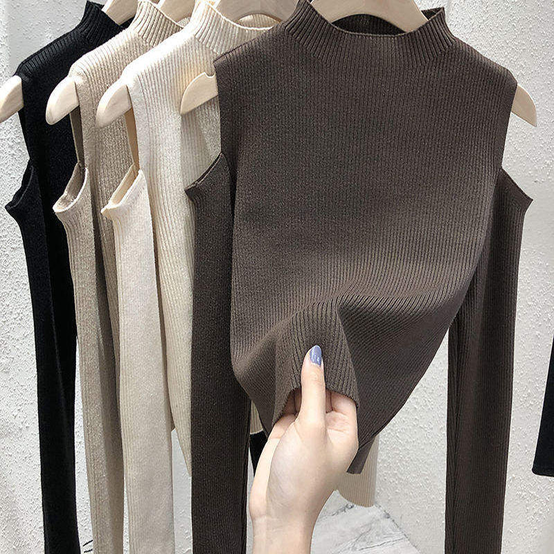 2023 New Fashion Women Women Winter Pulover Coreean Solid Culoare în afara umărului, cu mânecă lungă, cămașă de bază, cămașă de bază