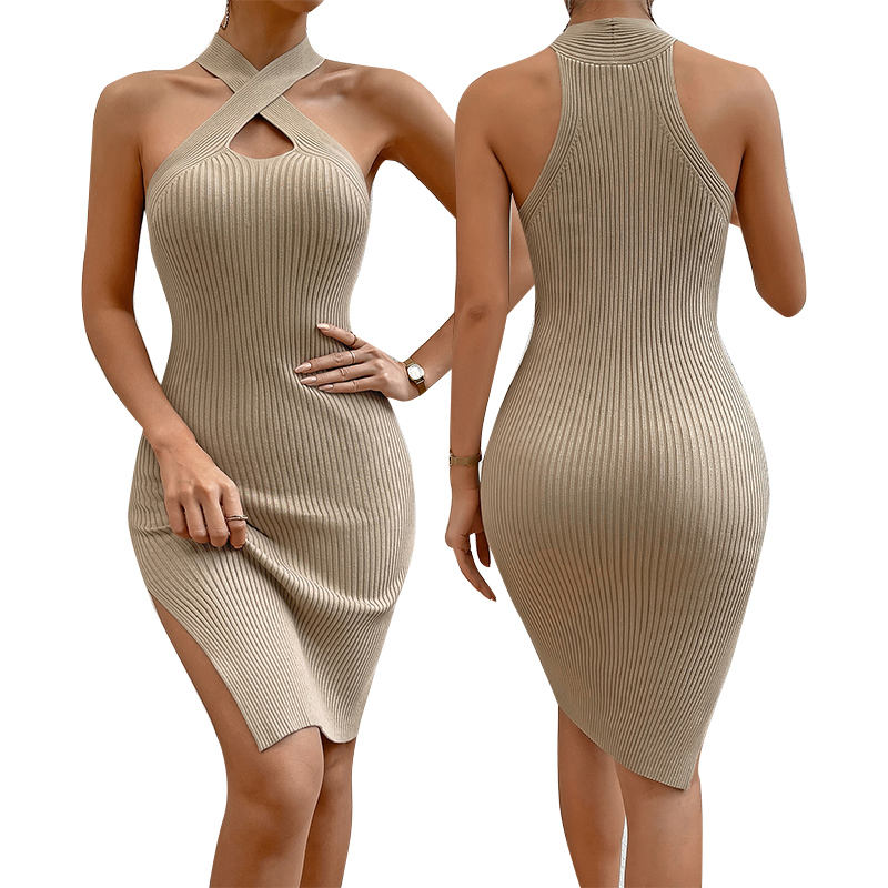 Rochie pentru femei personalizate de vară, design de gât sexy femei, rochii de culoare solidă rochii cu fustă lady fustă tricotată rochie de pulover