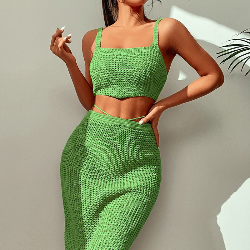 Servicii personalizate Stil de vacanță Copertă tricotată Up Sleeveless Maxi Set de fuste de top din două piese