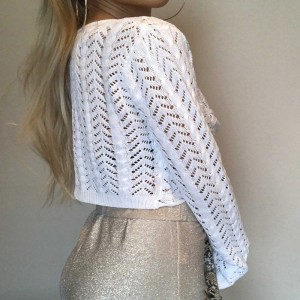 Pullover alb cu gât în ​​V s-a scos la iveală spectacol de modă cu mâneci lungi, subțire sexy tricotat pentru femei