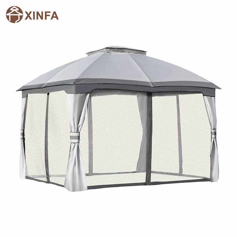 10 \\ 'x 12 \\' foișor în aer liber foișor de coajă de coajă de coajă cu acoperiș cu ventilator, cu ochiuri de plasă cu fermoar, gri