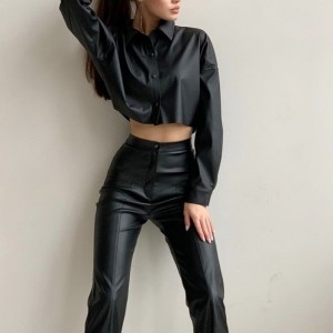 Motocicletă de toamnă și iarnă sexy din piele micro-elastică cămașă cu mâneci lungi lungi
