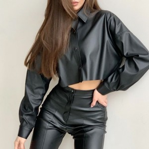 Motocicletă de toamnă și iarnă sexy din piele micro-elastică cămașă cu mâneci lungi lungi