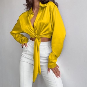 Textură din mătase casual din satin cu mâneci lungi top cu mâneci lungi