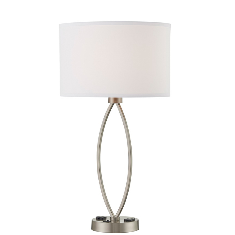 Dormiți o lampă de masă ușoară cu finisaj denichel periat, un comutator de balansoar pe/off și două prize la camera de oaspeți