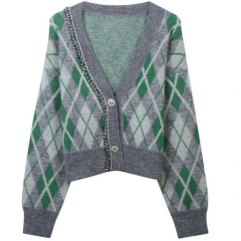 Argyle Jacquard tricotat Mohair Cardigan pulover pentru femei tricotaje