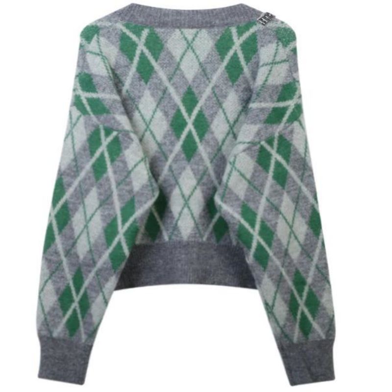 Argyle Jacquard tricotat Mohair Cardigan pulover pentru femei tricotaje