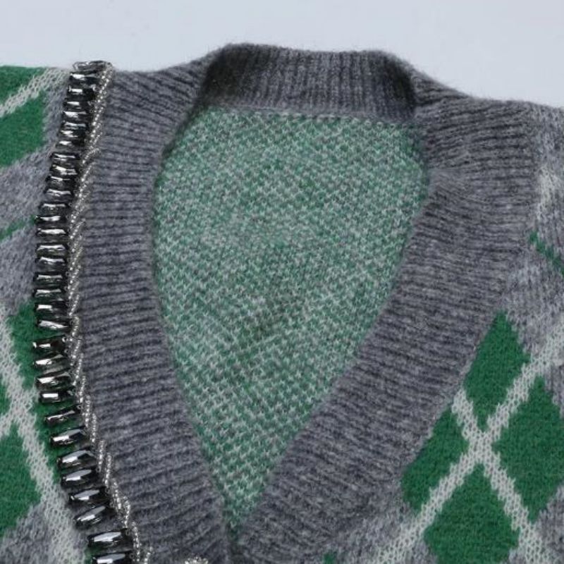 Argyle Jacquard tricotat Mohair Cardigan pulover pentru femei tricotaje