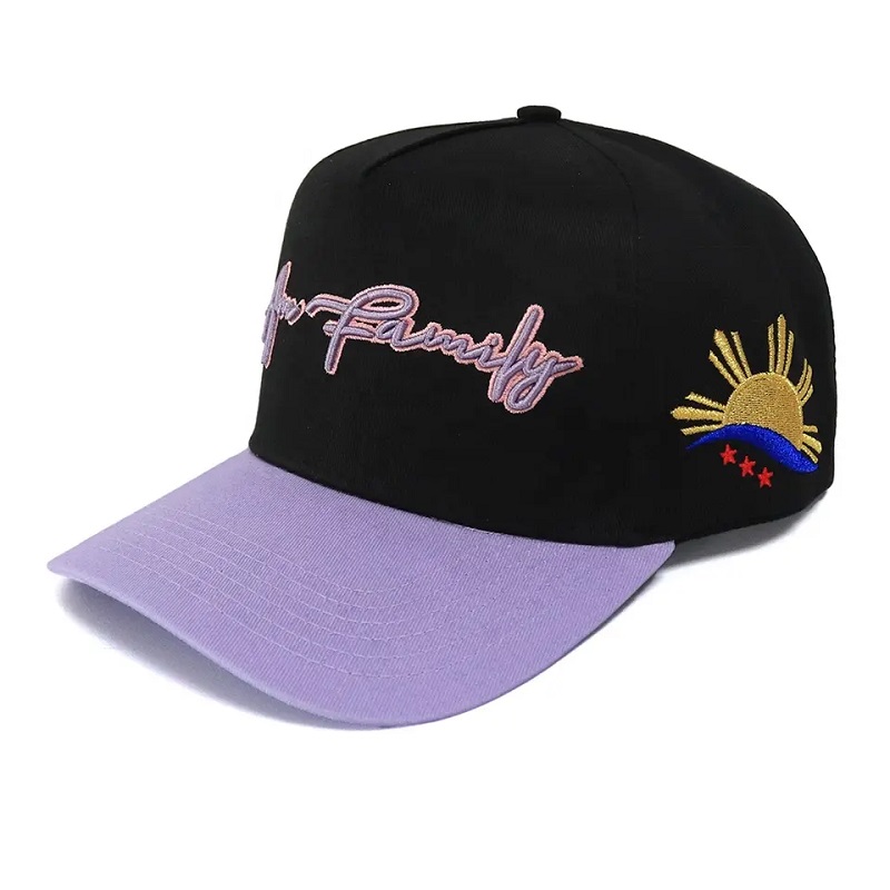 Culoare de contrastnou de sosire Negru și violet Culoare personalizată 5 Panou Logo Logo Baseball Cap pălării sportive pentru adulți